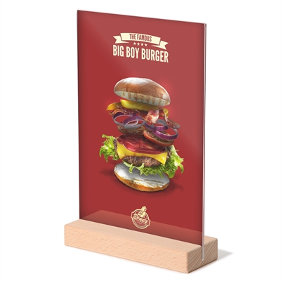 T-Stand Høyformat Akrylskilt med Trebunn - A4